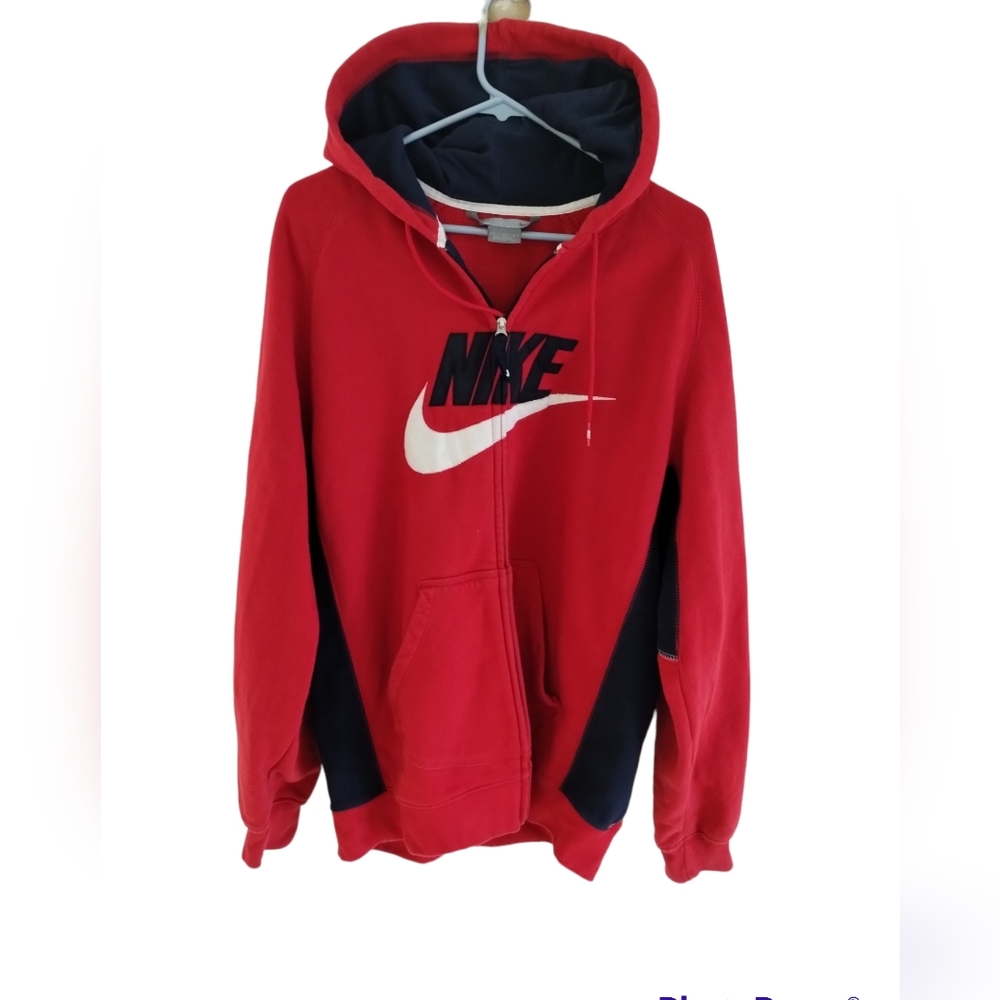 Nike Hoodie Pullover Mens L Red Zip Up Sweatshirt Swoosh Embroidered Chest Logo